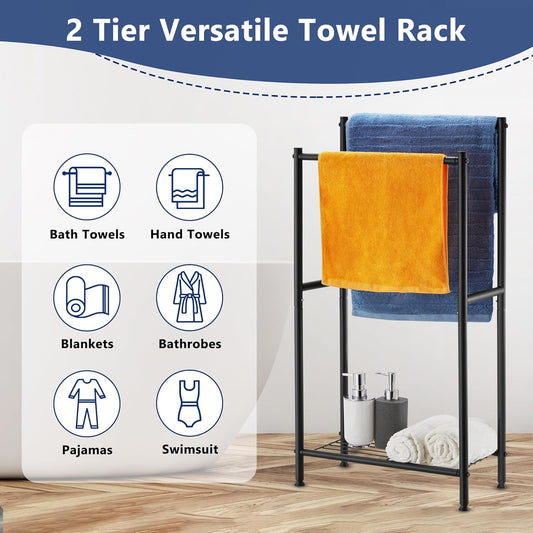 Free Standing Towel Rack, 2 Tier Towel Racks for Bathroom with Storage Shelves, Outdoor Standing Towel Drying Rack for Poolside, Black, DECLUTTR