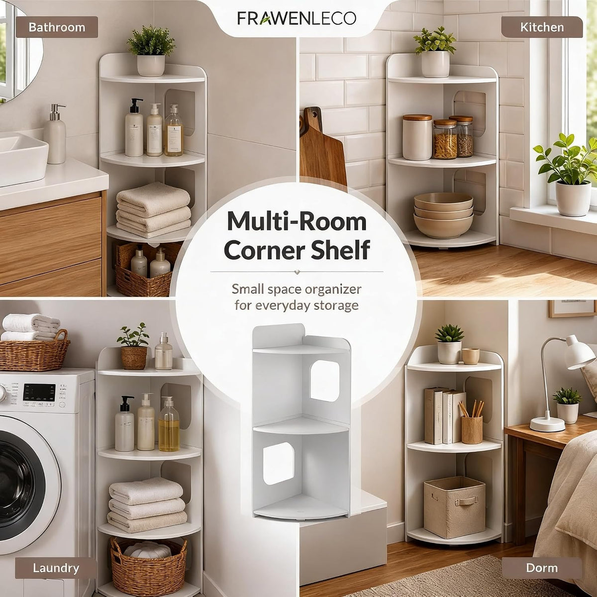 3-Tier Bathroom Corner Shelf, PVC Freestanding Corner Storage Shelf for Bathroom, Toilet, Shower, Kitchen and Small Spaces, Triangle Floor Organizer Rack, White