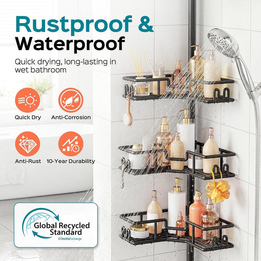 HAMITOR Shower Caddy Tension Pole: 4-Tier Adjustable Corner Shelf Black