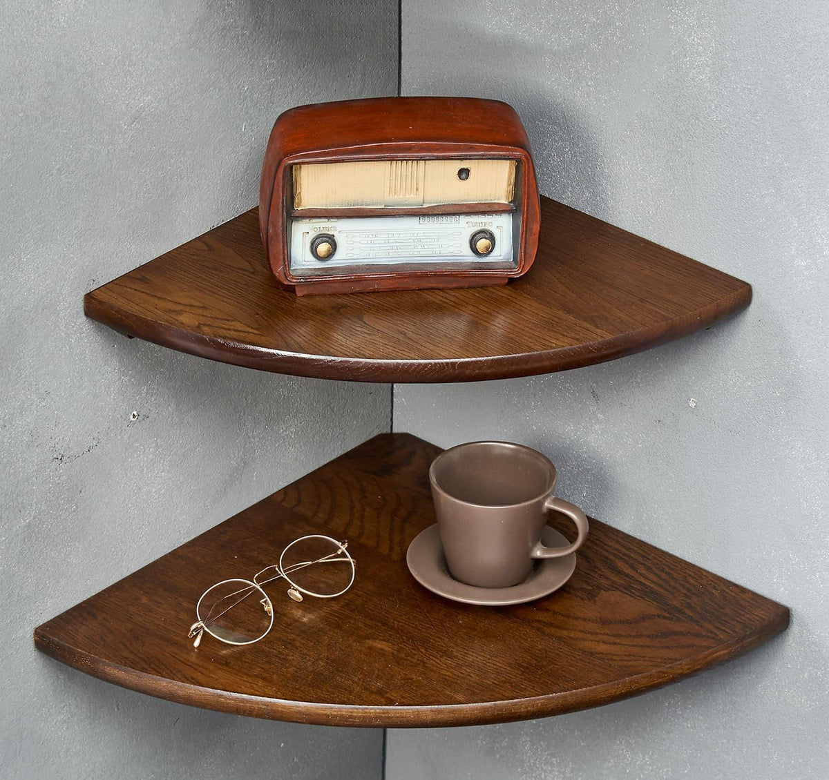 Corner Shelves, Floating Corner Shelf, Set of 2 7inch Solid Oak Wood Wall Shelves, Round End Wall Mount with Wire Hole Shelving for Small Plant for Bedroom Kitchen, Living Room
