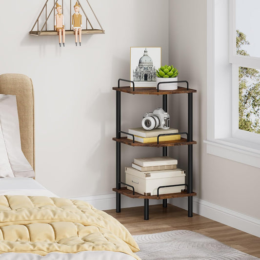 Tajsoon 3 Tier Corner Shelf Stand, Small Corner Table, Rustic Brown