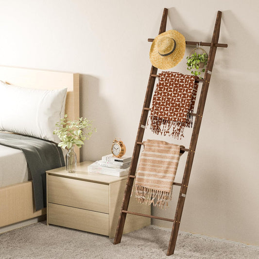 Farmhouse Wooden Blanket Ladder with Removable Hooks Brown 6-Tier