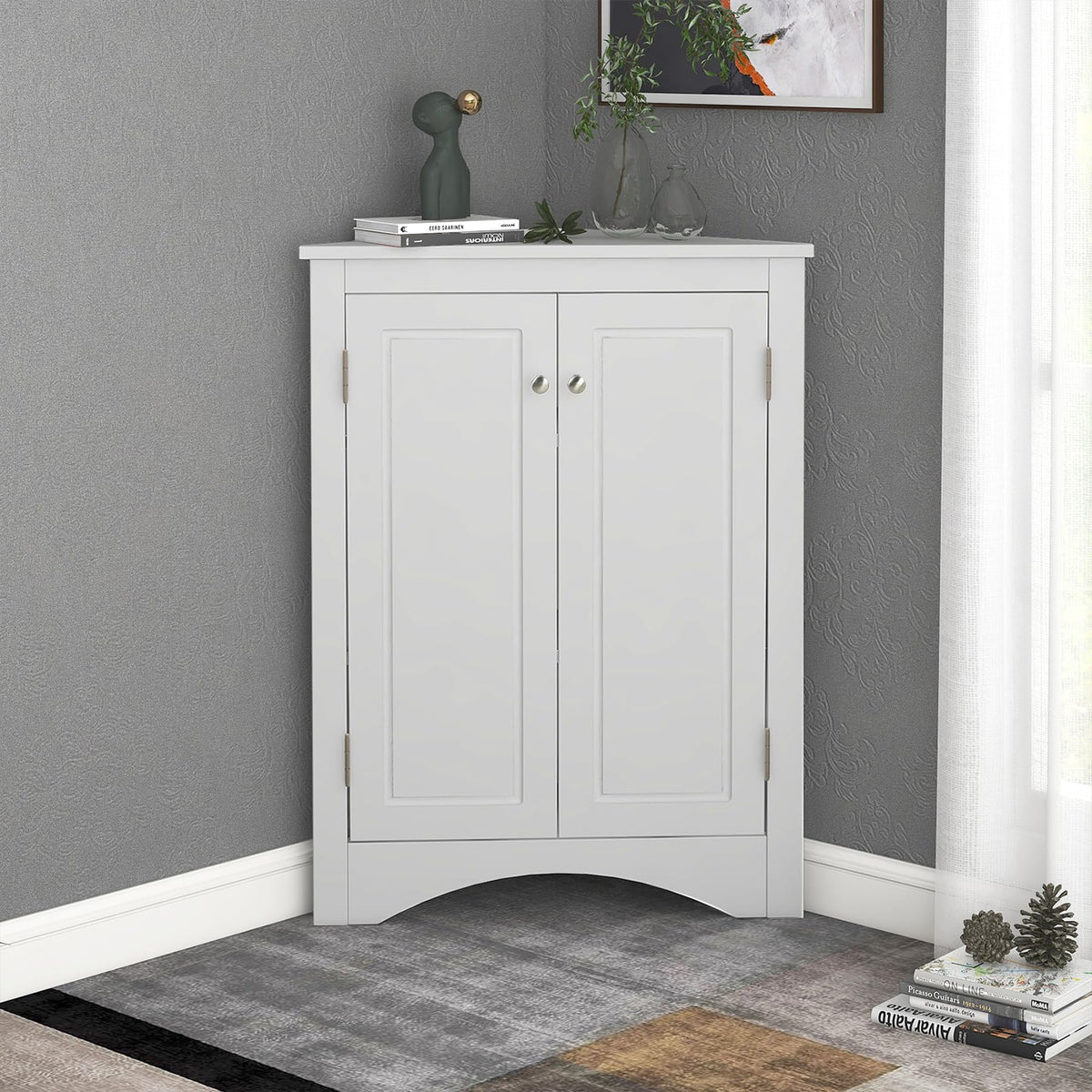 Corner Storage Cabinet with Adjustable Shelves, Triangle Bathroom & Kitchen Organizer, Freestanding Floor Cabinet for Toilet Kitchen Bathroom Cleaning Supplies (Oak)