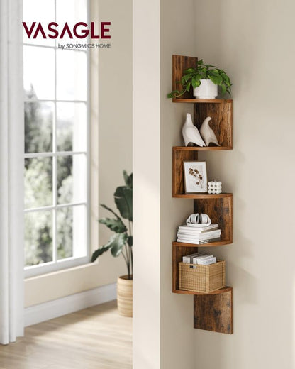 VASAGLE Corner Shelf Wall Mount, 5-Tier Floating Corner Bookshelf