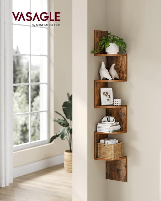VASAGLE Corner Shelf Wall Mount, 5-Tier Floating Corner Bookshelf