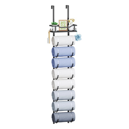 SWTYMIKI Over the Door Towel Rack - 6 Tier Towel Racks for Bathroom Wall Mounted, Towel Holder with Shelf, Hanging Rolled Towel Storage Organizer for Small Bathroom, Camper, RV, Black