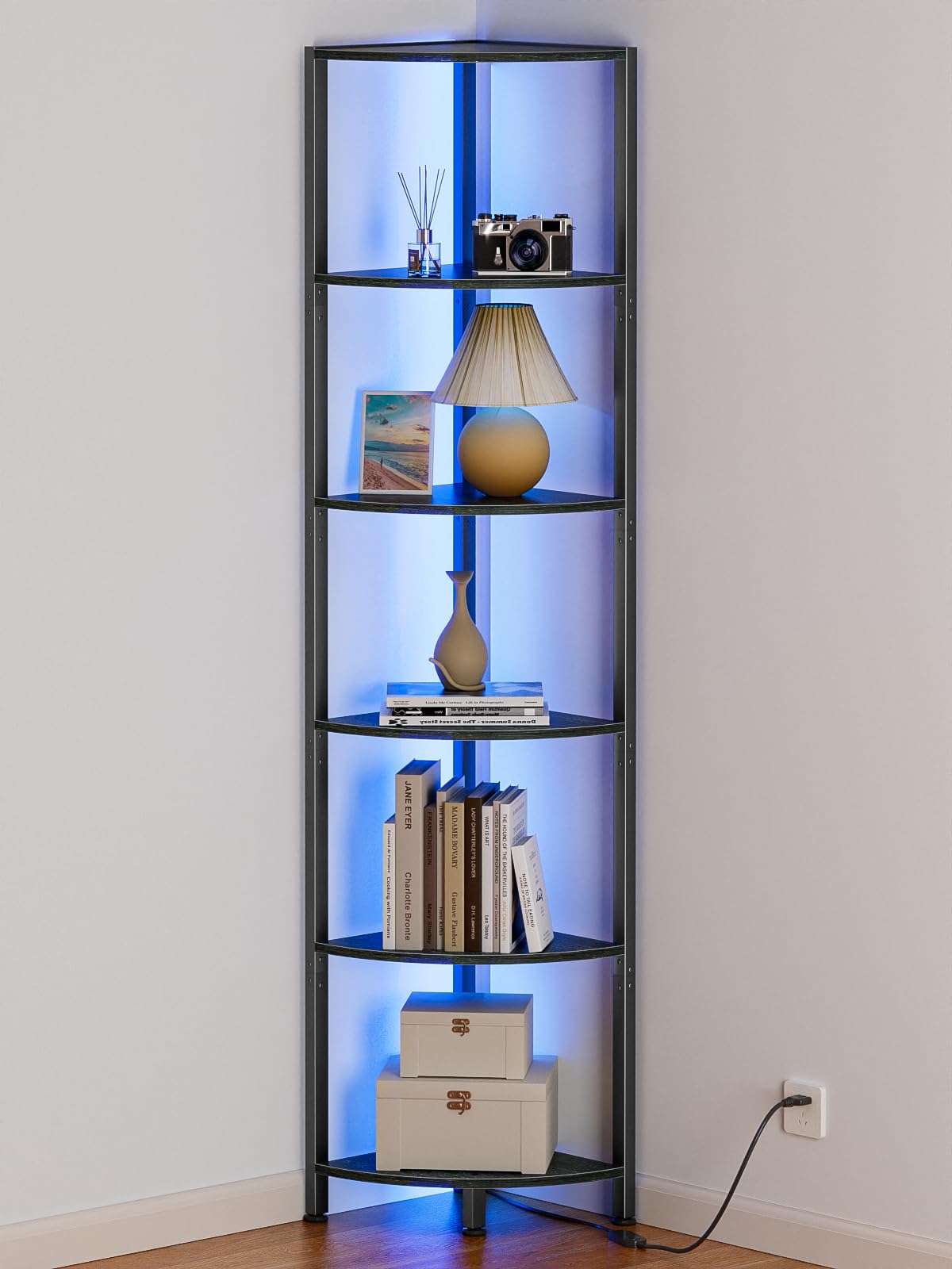 Furnulem 6 Tier Corner Shelf with LED Light, 67.5" Black Narrow Bookshelf
