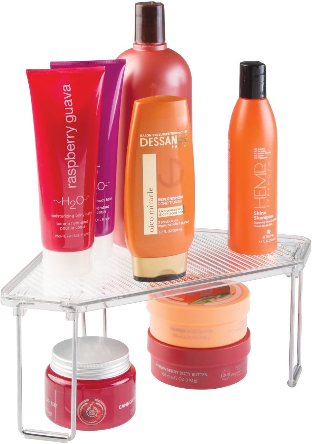 mDesign Plastic/Steel Corner Stackable Rack, Storage Organizer Shelf for Bathroom, Vanity, Countertop, Sink, Cabinet, Holds Makeup, Shower Accessories, Ligne Collection - 2 Pack - Clear