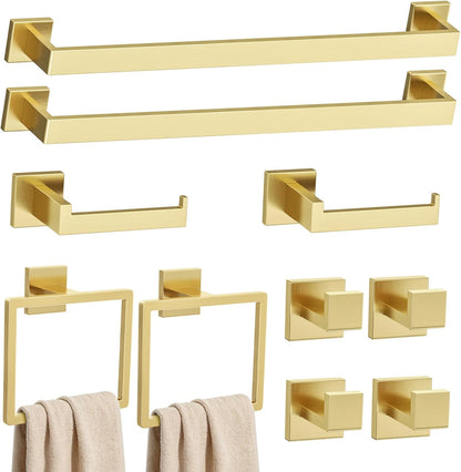 Brushed Gold Towel Bar Set 10-Piece Gold Bathroom Hardware Accessories Set,Stainless Steel Towel Rack Set for Bathroom Wall-Mounted,23.6-Inch