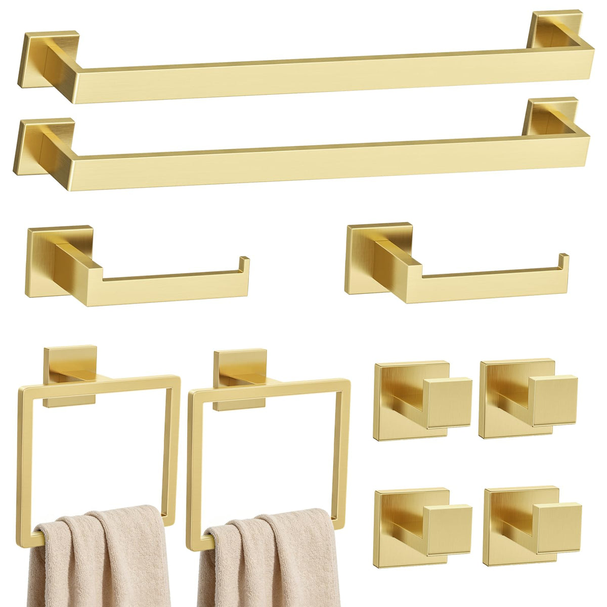 Brushed Gold Towel Bar Set 10-Piece Gold Bathroom Hardware Accessories Set,Stainless Steel Towel Rack Set for Bathroom Wall-Mounted,23.6-Inch