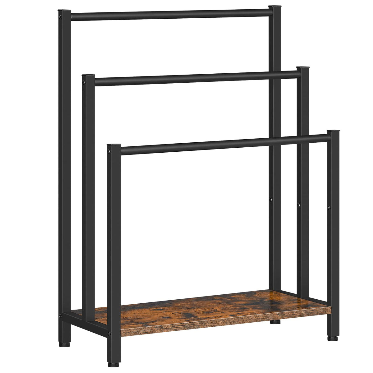 HOOBRO Free Standing Towel Rack, 3 Tier Blanket Rack, Blanket Holder for Bathroom, 16.9" L x 11" W x 31.9" H, Industrial Metal Drying and Display Rack with Shelf, Rustic Brown and Black BF03LB01