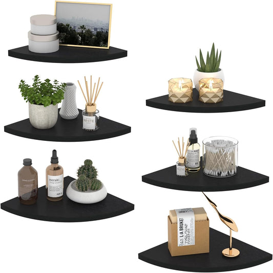 HORLIMER 6 Pack Floating Corner Shelf Wall Mount for Bedroom(Black)