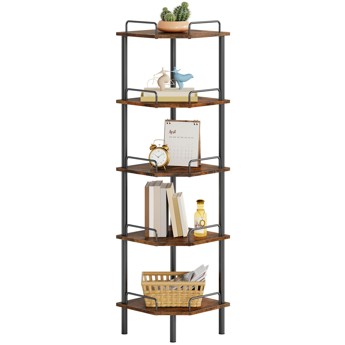 Tajsoon 3 Tier Corner Shelf Stand, Small Corner Table, Rustic Brown