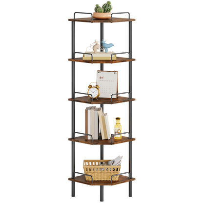 Tajsoon 3 Tier Corner Shelf Stand, Small Corner Table, Rustic Brown