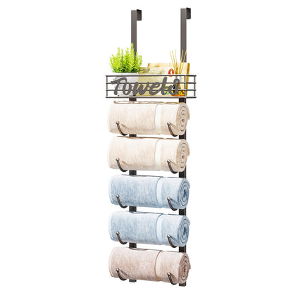 HapiRm Towel Racks for Bathroom Storage - 6 Tier Over The Door & Wall Mount Rolled Towel Storage Organizer Holder with Metal Shelf Basket for Small Bathroom, Camper, Rv - Black, Patented