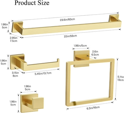 Brushed Gold Towel Bar Set 10-Piece Gold Bathroom Hardware Accessories Set,Stainless Steel Towel Rack Set for Bathroom Wall-Mounted,23.6-Inch