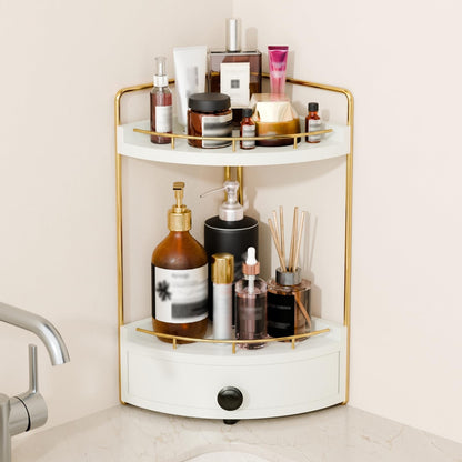 2-Tier Corner Bathroom Counter Organizer with Drawer, Dark Brown