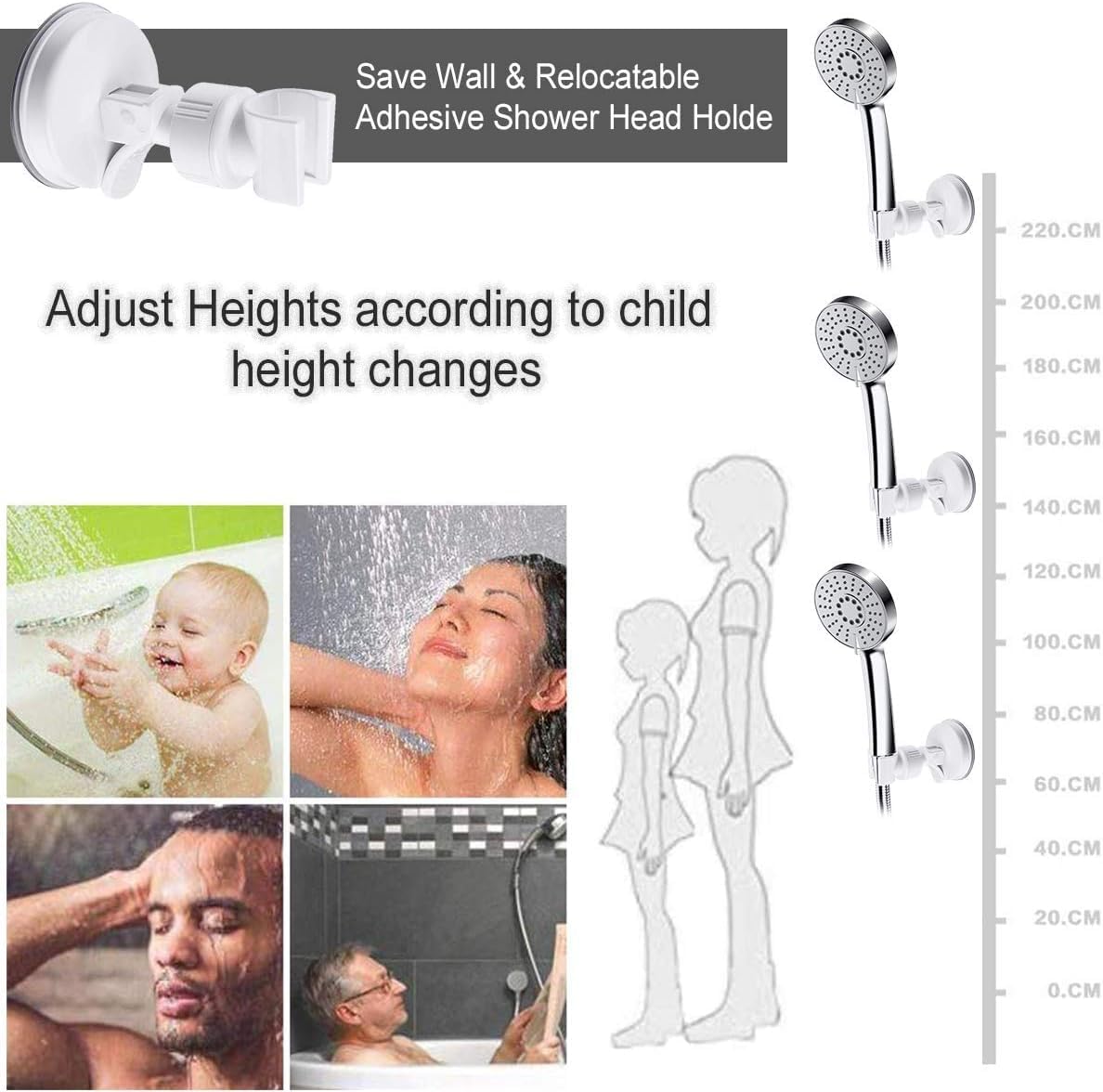OUO Adjustable Shower Head Holder, Bathroom Suction Cup Handheld Shower Head Bracket, Removable Handheld Showerhead & Wall Mounted Suction Bracket (Pure White)