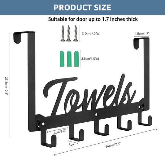Azmoncy Over The Door Hooks, Towel Rack Towel Hooks for Bathroom, Towel Holder for Hanging Heavy Duty, Door Rack Over Door Hanger with 5 Coat Hooks for Bedroom Bathroom Kitchen, Black