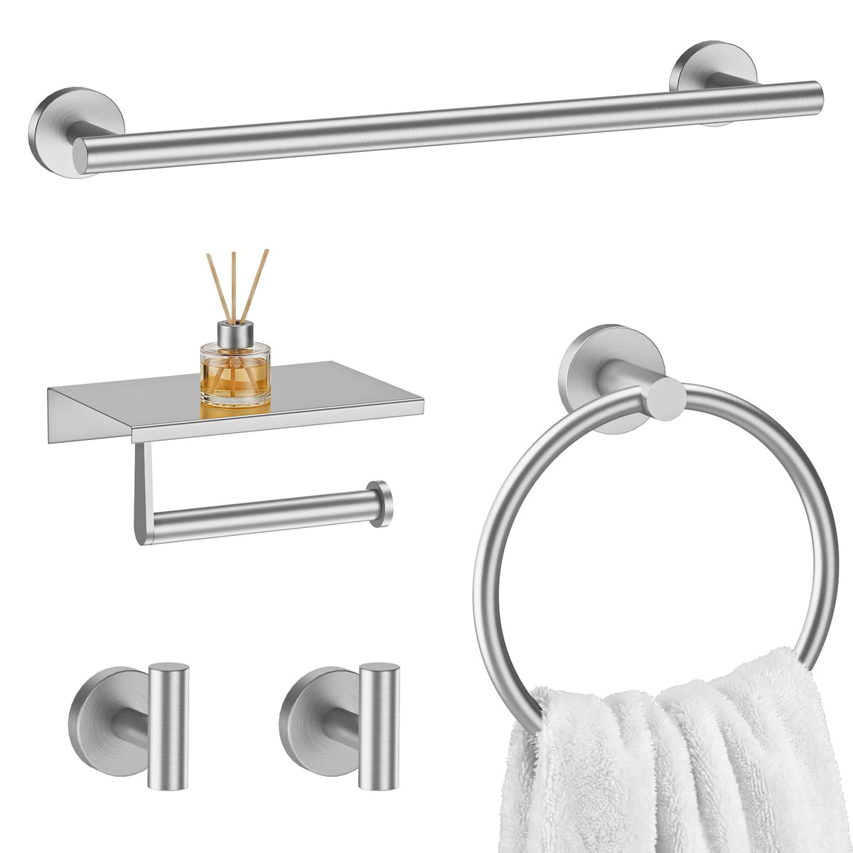 Brushed Nickel 5-Piece Bathroom Hardware Set, 23.6 Inch Towel Bar Set SUS304 Stainless Steel Towel Racks Round Towel Bar, Towel Ring, Toilet Paper Holder, 2 Robe Hooks, Wall Mounted