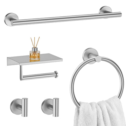 Brushed Nickel 5-Piece Bathroom Hardware Set, 23.6 Inch Towel Bar Set SUS304 Stainless Steel Towel Racks Round Towel Bar, Towel Ring, Toilet Paper Holder, 2 Robe Hooks, Wall Mounted