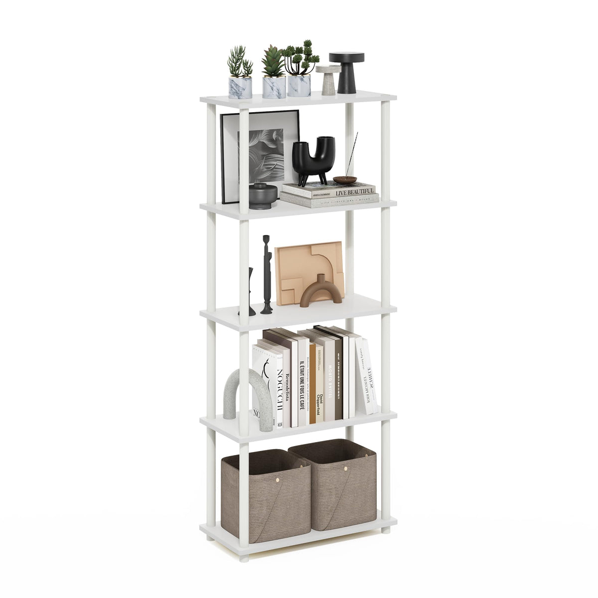 Furinno TURN-N-TUBE Corner Shelf, 5-Tier Corner Bookshelf, Open Storage Shelves, for Organization and Storage, Living Room, Home Office, Garage, Bedroom, Espresso