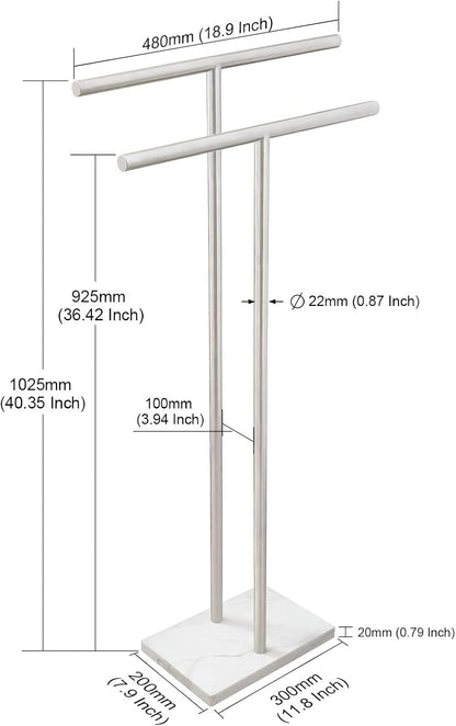 40 Inch Standing Towel Rack Double-T Shape Tall Bath Towel Sheet Holder with Marble Design Base for Bathroom Floor Next to Tub or Shower 2 Tier Towel Holder Stand Stainless Steel Brushed Nickel