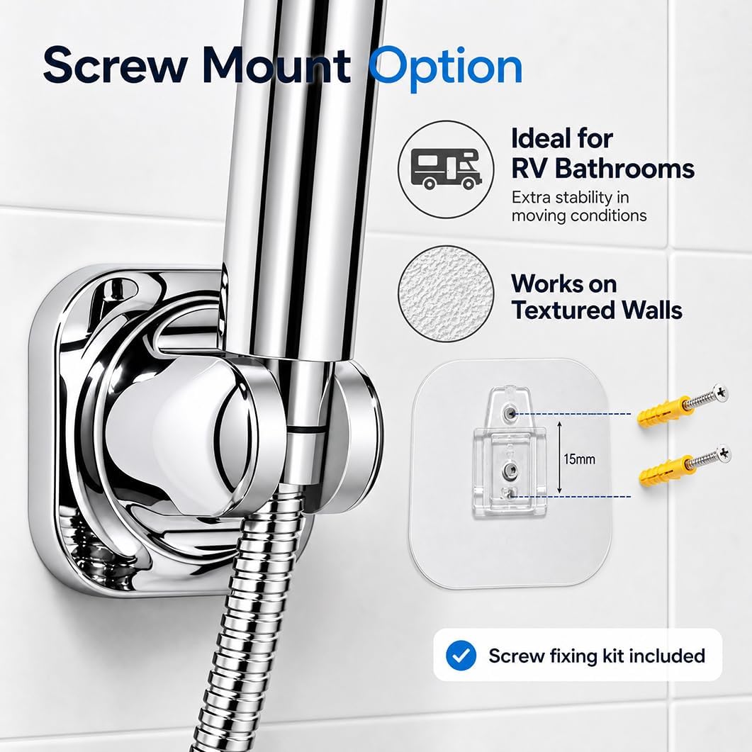 Handheld Shower Head Holder - 5 Angles Adjustable - Concealed Adhesive Mount with Screw Option - Wall Mount Shower Wand Holder