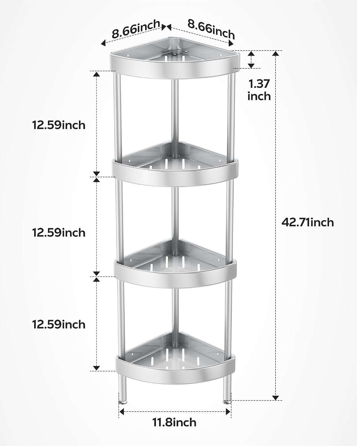 Nieifi 4 Tier Aluminum Corner Shower Caddy Standing Rustproof-Silver