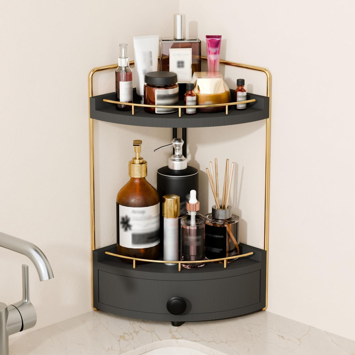 2-Tier Corner Bathroom Counter Organizer with Drawer, Dark Brown
