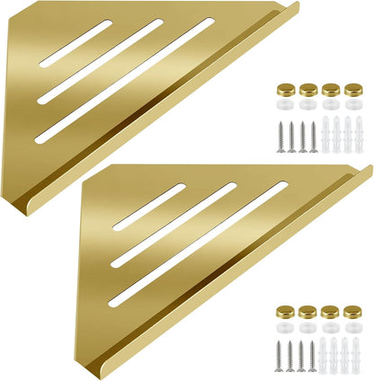 2 Pcs 304 Stainless Steel Corner Shelf with Screws, Triangle Shower Caddy, Wall Mount Soap Holder for Bathroom, Kitchen Organization (Polished Gold)