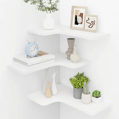 Homode Corner Floating Shelves, Set of 3 Corner Wall Shelves with Wire Hole, L-Shaped Wood Hanging Storage Shelf for Wall Decor, for Bathroom Kitchen Bedroom, White