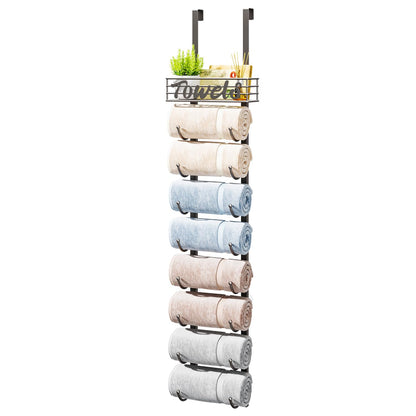 HapiRm Towel Racks for Bathroom Storage - 6 Tier Over The Door & Wall Mount Rolled Towel Storage Organizer Holder with Metal Shelf Basket for Small Bathroom, Camper, Rv - Black, Patented