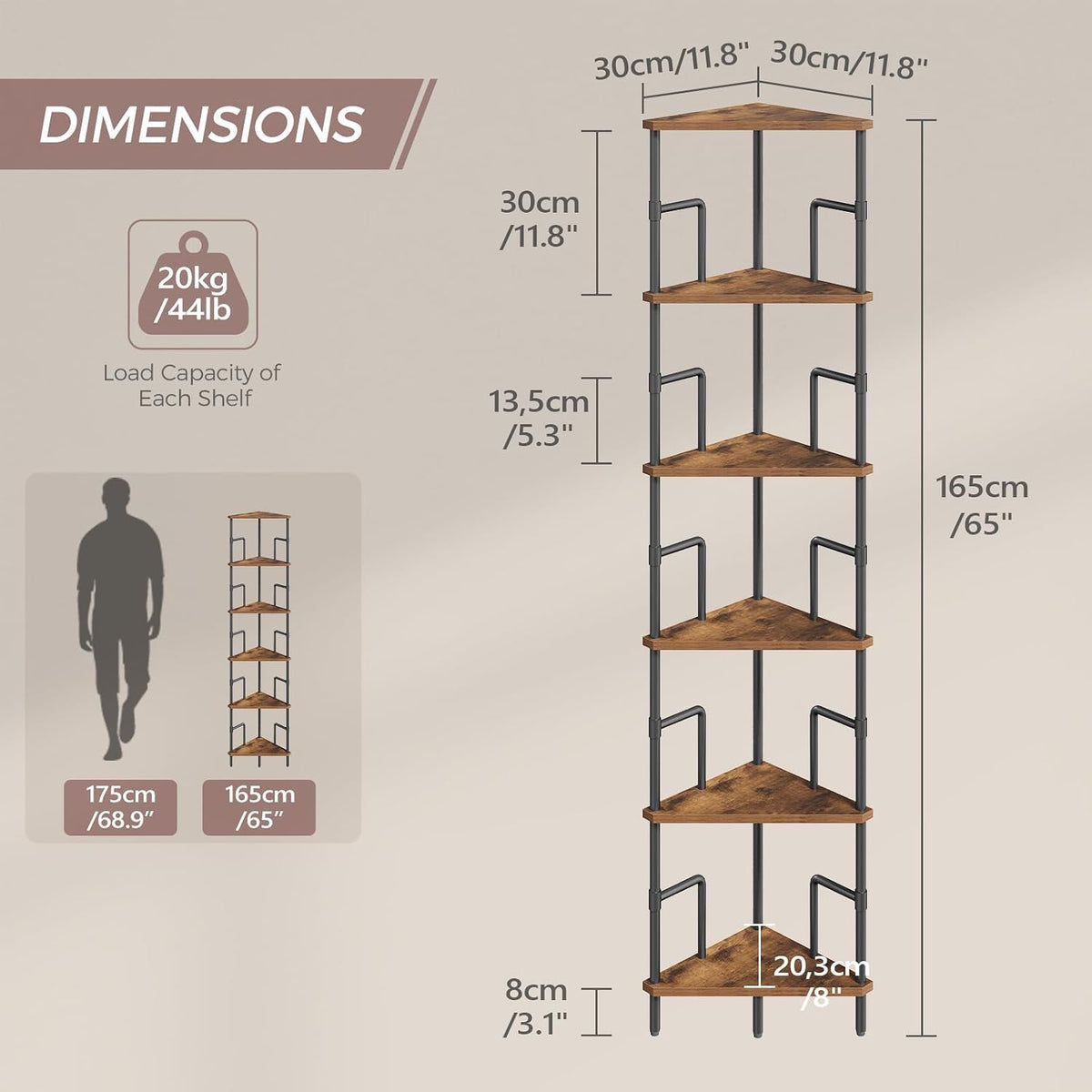 MAHANCRIS 6-Tier Corner Shelf, 65" Tall Corner Bookshelf with Metal Frame, Narrow Display Shelf Stand, Industrial Corner Bookcase for Living Room, Bedroom, Home Office, Rustic Brown CSHR6601