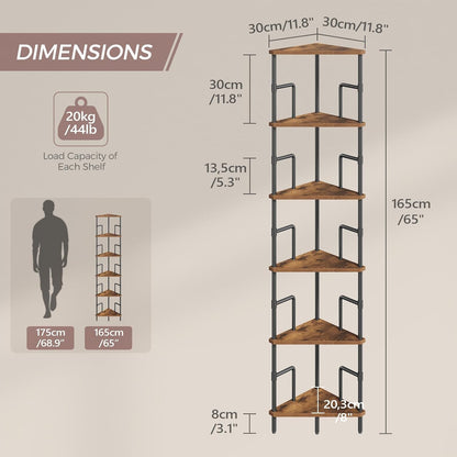 MAHANCRIS 6-Tier Corner Shelf, 65" Tall Corner Bookshelf with Metal Frame, Narrow Display Shelf Stand, Industrial Corner Bookcase for Living Room, Bedroom, Home Office, Rustic Brown CSHR6601