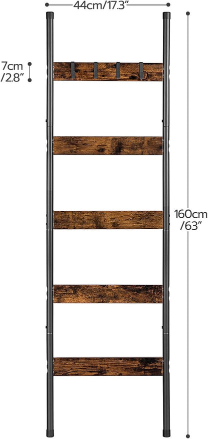 HOOBRO Blanket Ladder, 5-Tier Towel Rack with Hooks, Wall-Leaning Blanket Rack, Decorative Display Ladder Shelf, for Scarves, Industrial, Living Room, Bedroom, Rustic Brown and Black BF52CJ01