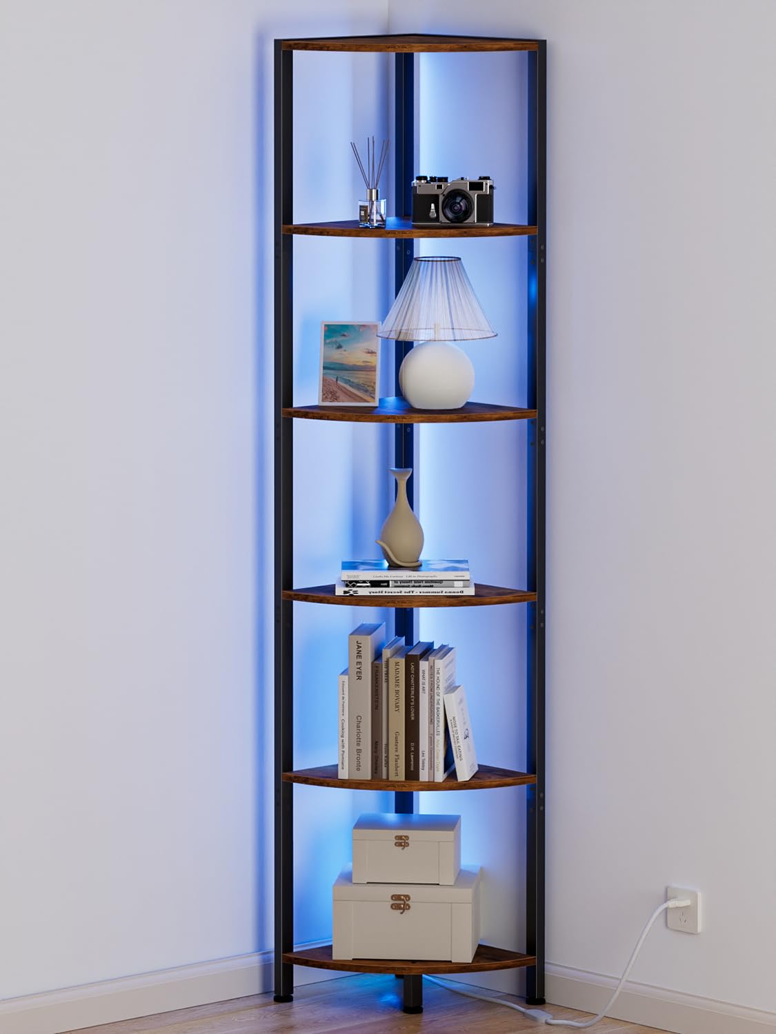 Furnulem 6 Tier Corner Shelf with LED Light, 67.5" Black Narrow Bookshelf