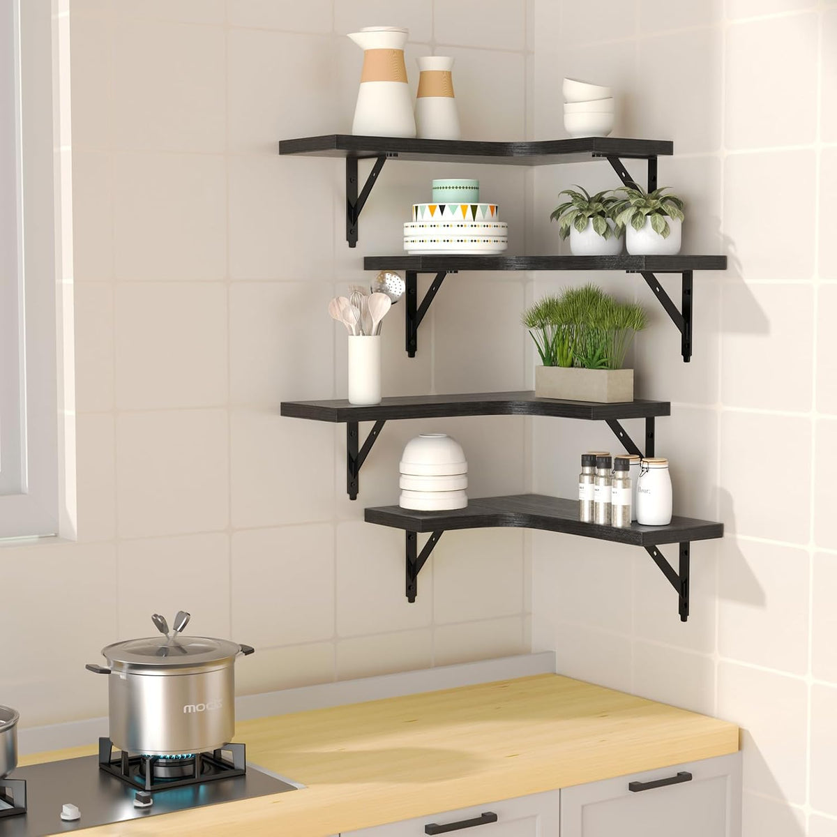 ROMGUAR CRAFT Corner Floating Shelves Wall Mounted Set of 4, Black