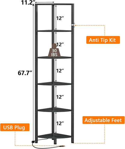 Furnulem 6 Tier Corner Shelf with LED Light, 67.5" Black Narrow Bookshelf