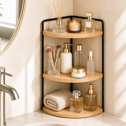3-Tier Corner Bathroom Counter Organizer, Solid Pine Vanity Shelf, Black