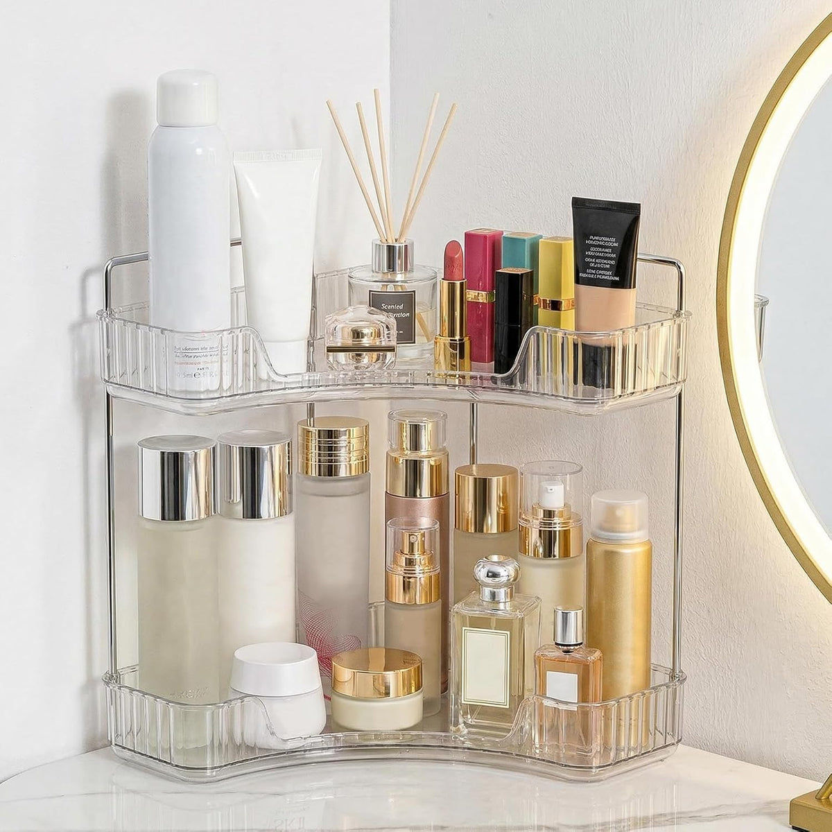 Goderewild Corner Bathroom Counter Organizer, 2-Tier Vanity Tray Shelf