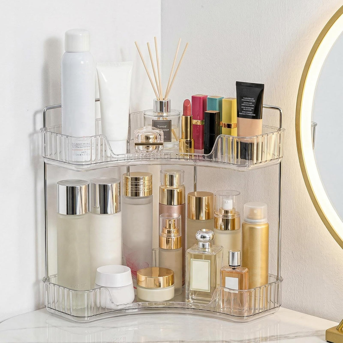 Goderewild Corner Bathroom Counter Organizer, 2-Tier Vanity Tray Shelf