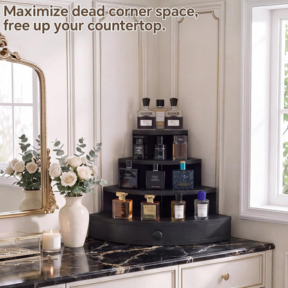 Corner Perfume Organizer with Drawer, 4 Tier Wooden Cologne Organizer for Men, Perfume Stand Display Shelf Holder for Bathroom Counter, Vanity, Dresser, Fragrance & Skincare Rack