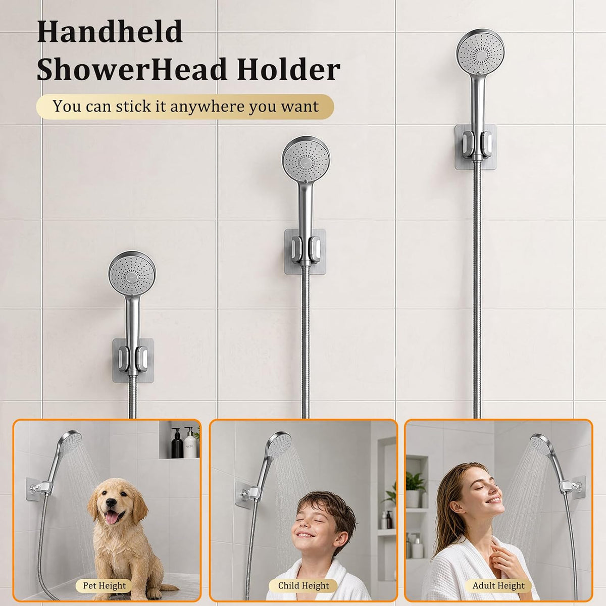 Adjustable Shower Head Holder Adhesive & Drill 2-in-1 with 360° Swivel