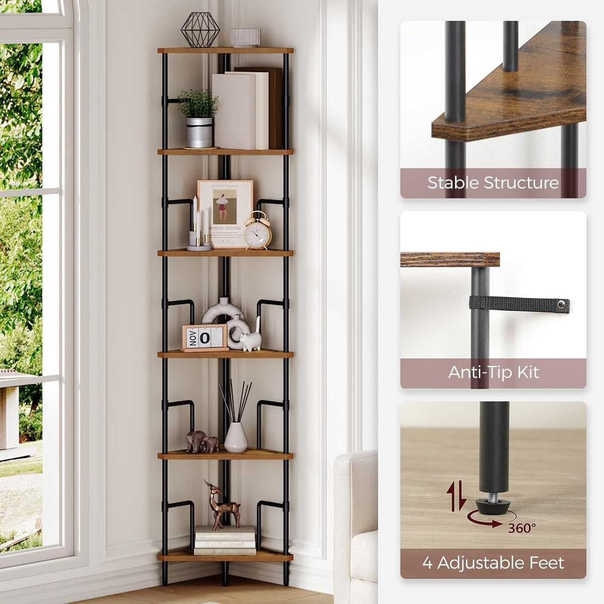 MAHANCRIS 6-Tier Corner Shelf, 65" Tall Corner Bookshelf with Metal Frame, Narrow Display Shelf Stand, Industrial Corner Bookcase for Living Room, Bedroom, Home Office, Rustic Brown CSHR6601