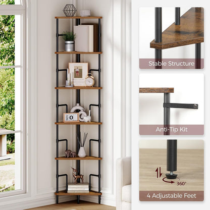 MAHANCRIS 6-Tier Corner Shelf, 65" Tall Corner Bookshelf with Metal Frame, Narrow Display Shelf Stand, Industrial Corner Bookcase for Living Room, Bedroom, Home Office, Rustic Brown CSHR6601