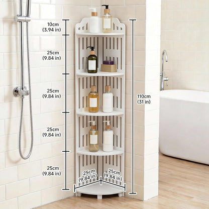 5 Tier Corner Storage Shelf, 43.3 Inch Waterproof PVC Freestanding Organizer with Slotted Panels, Scandinavian Style Triangle Display Rack for Bathroom, Kitchen and Living Room