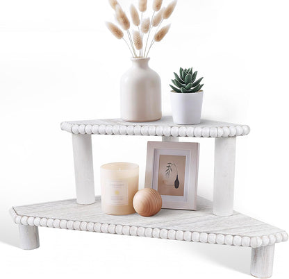 2-Tier Rustic Corner Shelf for Kitchen Counter,Wood Beaded Farmhouse Countertop Organizer with Removable Feet, Stackable Bathroom Vanity & Coffee Bar Decorative Riser Stand(Rustic White)