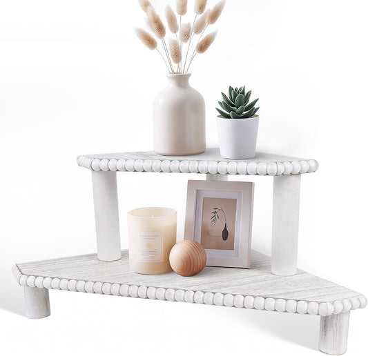 2-Tier Rustic Corner Shelf for Kitchen Counter,Wood Beaded Farmhouse Countertop Organizer with Removable Feet, Stackable Bathroom Vanity & Coffee Bar Decorative Riser Stand(Rustic White)