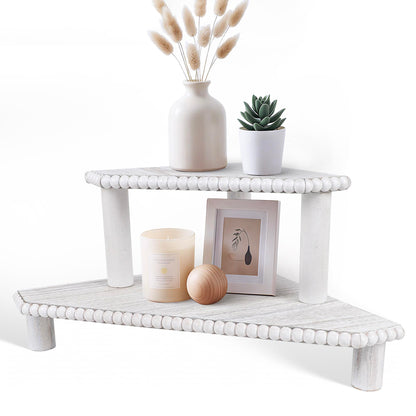 2-Tier Rustic Corner Shelf for Kitchen Counter,Wood Beaded Farmhouse Countertop Organizer with Removable Feet, Stackable Bathroom Vanity & Coffee Bar Decorative Riser Stand(Rustic White)